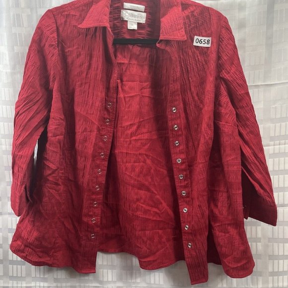 CJ Banks Womens Red Blouse Size X Snap Button Collared 3/4 Sleeve - Picture 15 of 16